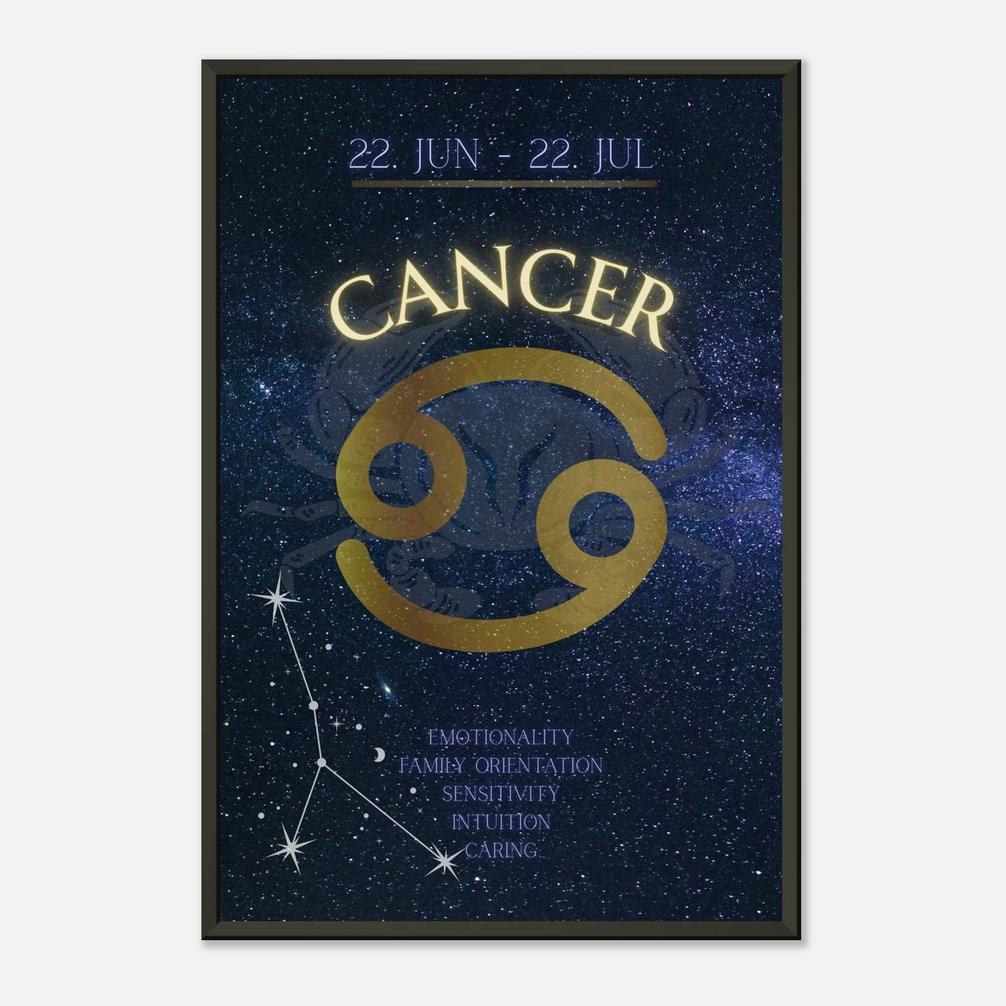 Cancer astrology poster in black metal frame clean studio mockup showing horoscope artwork