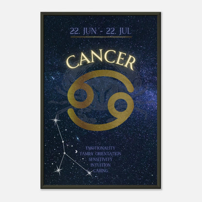 Cancer astrology poster in black metal frame clean studio mockup showing horoscope artwork