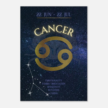 Wandkunst für das Wasserzeichen Cancer – stilvolles Poster mit goldenem Krebs-Symbol und astrologischen Eigenschaften