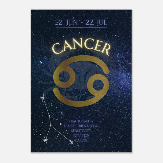 Cancer Zodiac Poster – elegantes Sternzeichen-Wandbild in Dunkelblau und Gold mit Krebs-Symbol, Datum und Charaktereigenschaften