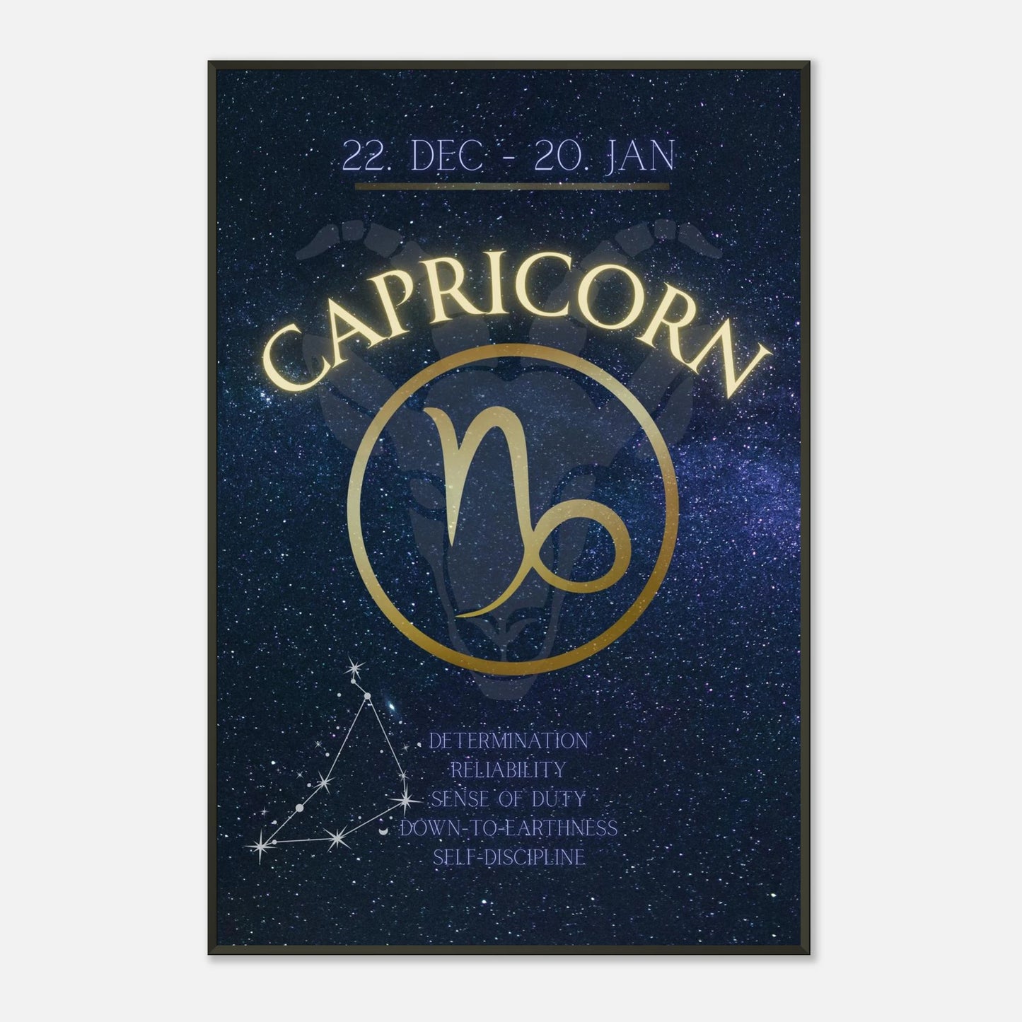 Capricorn horoscope wall art poster showing zodiac symbol and constellation design in black metal frame