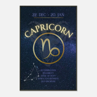 Capricorn horoscope wall art poster showing zodiac symbol and constellation design in black metal frame
