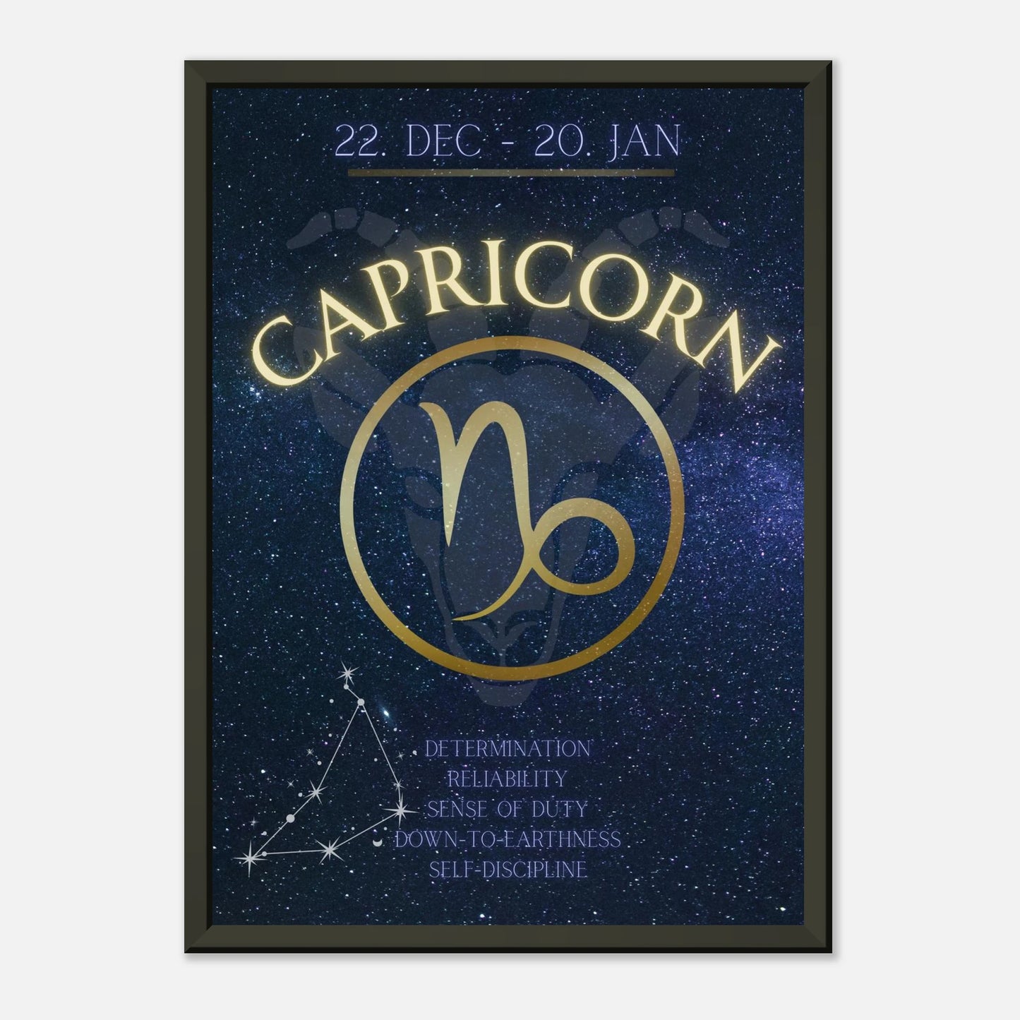 Capricorn astrology wall art poster in black metal frame with cosmic zodiac constellation artwork