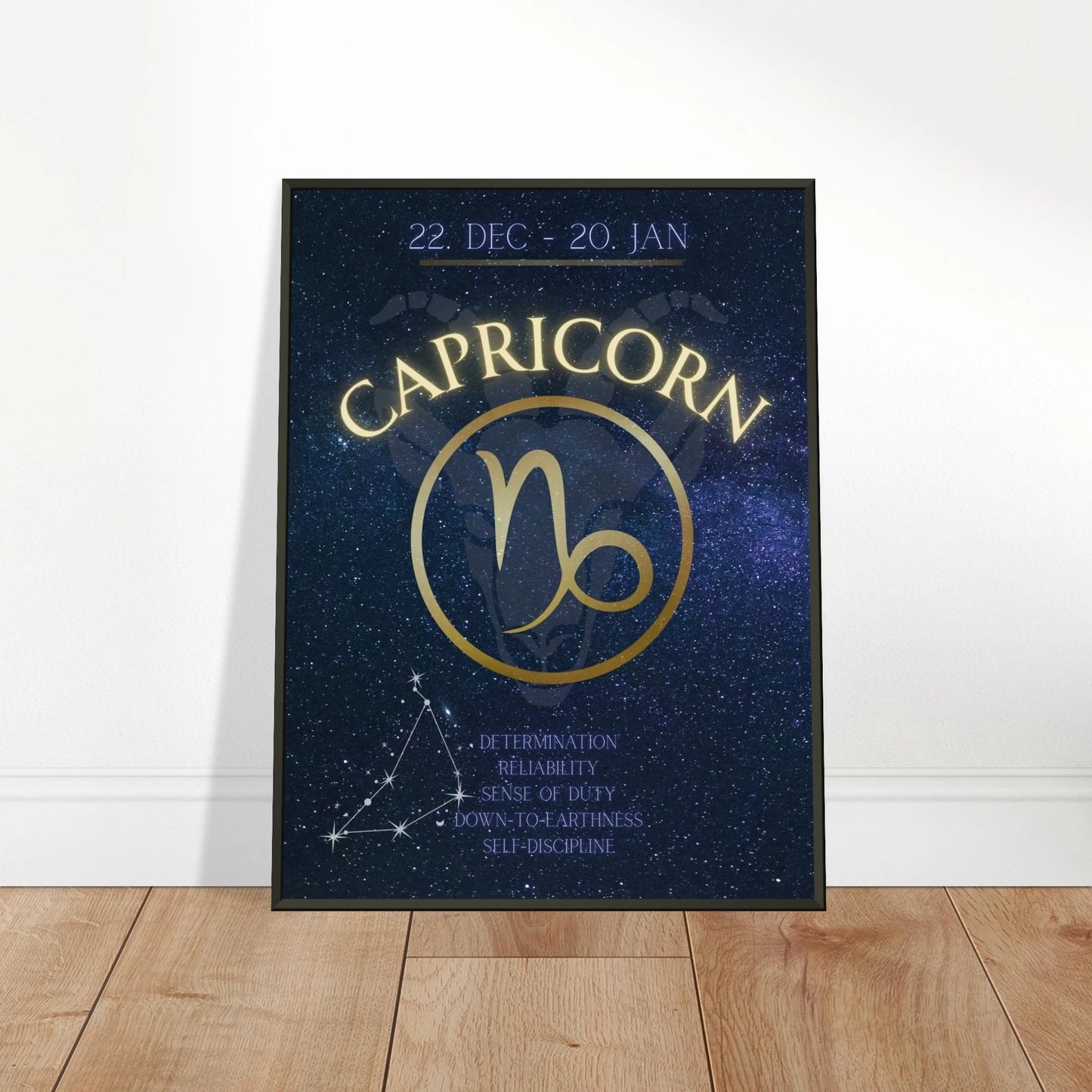 Capricorn zodiac wall art poster leaning against wall in black metal frame modern home decor mockup