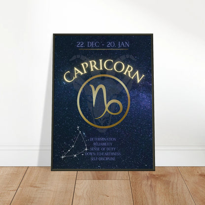 Capricorn zodiac wall art poster leaning against wall in black metal frame modern home decor mockup