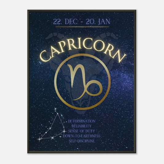 Capricorn zodiac wall art poster in black metal frame featuring constellation and astrology symbol design