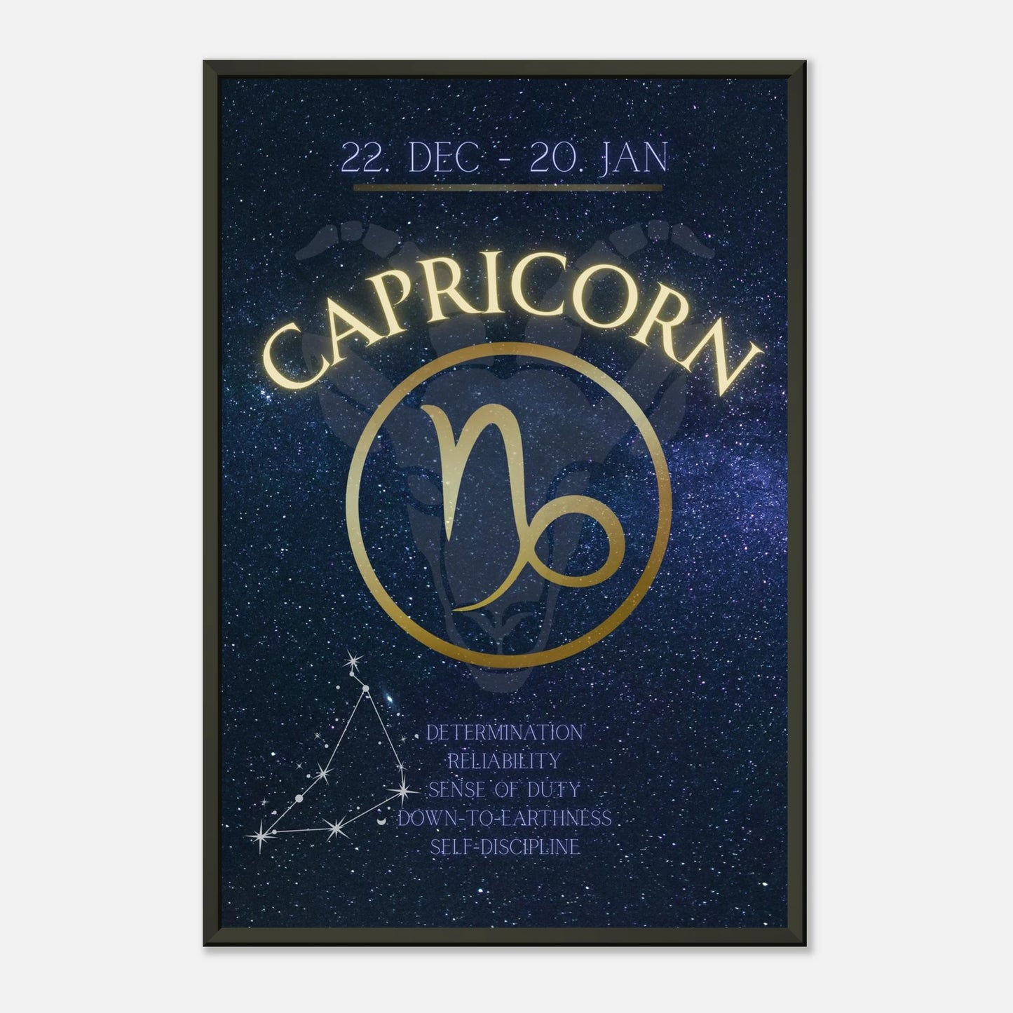 Capricorn zodiac poster in black metal frame minimalist studio mockup with constellation design