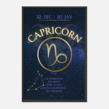 Capricorn zodiac poster in black metal frame minimalist studio mockup with constellation design