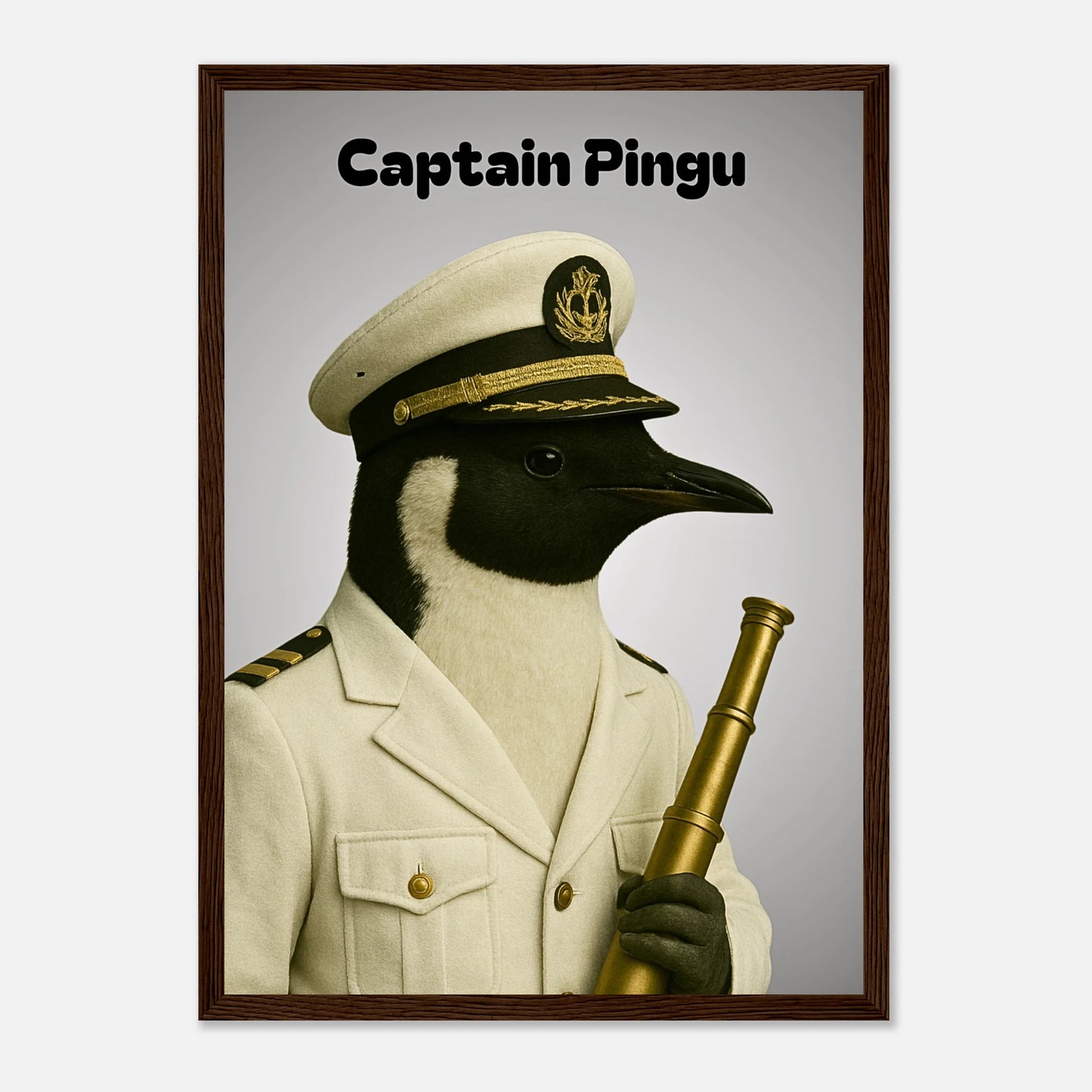 Pinguin Poster „Captain Pingu – Ice-Cold Command“ im edlen dunkelbraunen Holzrahmen – stilvolle maritime Wanddekoration