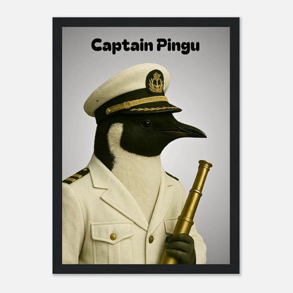 Gerahmtes Poster „Captain Pingu – Ice-Cold Command“ im schwarzen Rahmen – elegante maritime Kunst mit Pinguin-Motiv