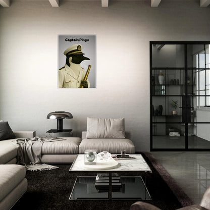 Pinguin Poster „Captain Pingu – Ice-Cold Command“ im modernen Wohnzimmer mit dunkler Einrichtung – stilvolle maritime Kunst
