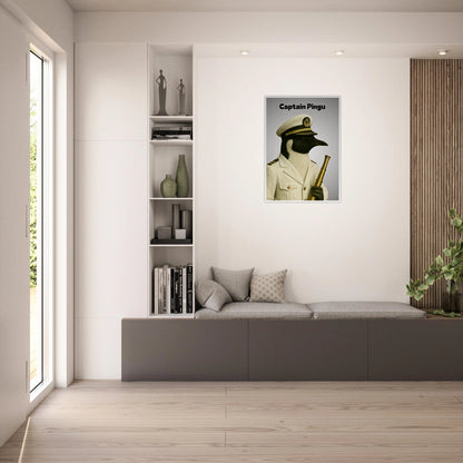 Gerahmtes Pinguin Poster „Captain Pingu – Ice-Cold Command“ in heller Wohnzimmer Einrichtung – maritime Wanddekoration