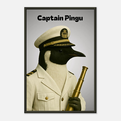 Captain Pingu Porträt – moderner Pinguin in Offiziersuniform, humorvolle maritime Kunst im schwarzen Metallrahmen | DEFA Designs