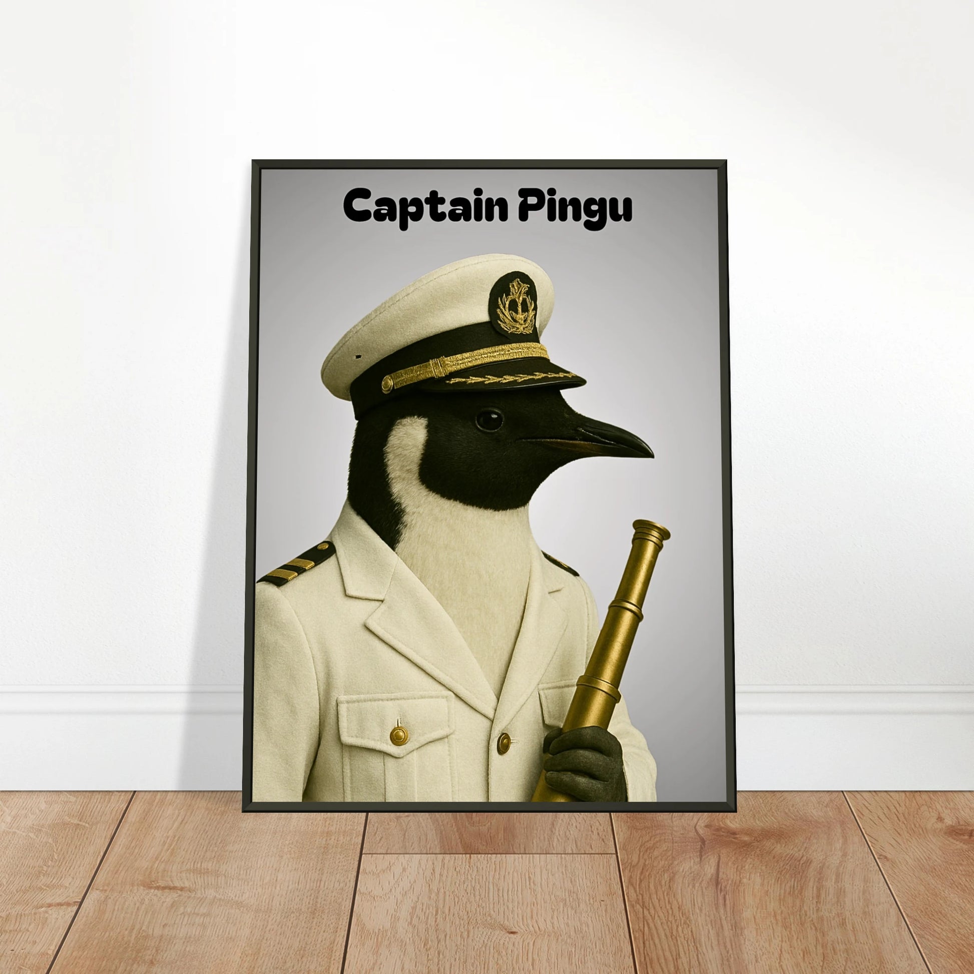 Captain Pingu Poster an die Wand gelehnt – stilvolle maritime Wandkunst im schwarzen Metallrahmen, eleganter Pinguin-Kapitän | DEFA Designs