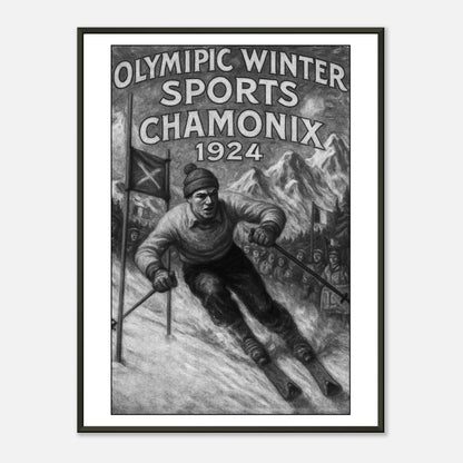 „Chamonix 1924 – Birth of the Winter Games“ Poster im schwarzen Metallrahmen – Vintage Ski-Poster inspiriert von den Olympischen Winterspielen | DEFA Designs
