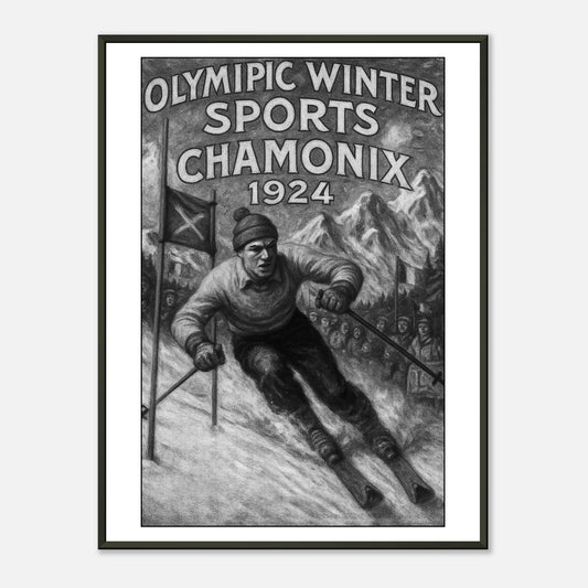 „Chamonix 1924 – Birth of the Winter Games“ Poster im schwarzen Metallrahmen – Vintage Ski-Poster inspiriert von den Olympischen Winterspielen | DEFA Designs