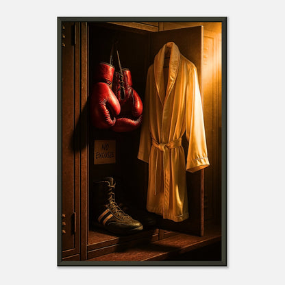 „No Excuses“ Boxposter für Kämpfermentalität | Wandkunst mit Fokus und Disziplin im schwarzen Metallrahmen | DEFA Designs