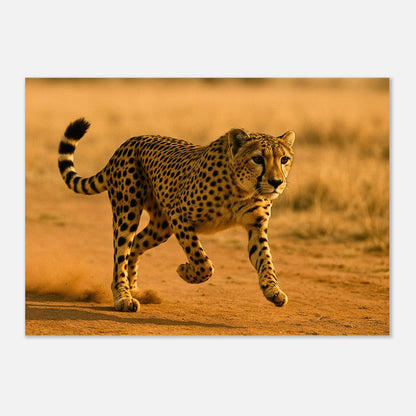 Detailaufnahme vom Desert Sprint Poster mit Gepard im Laufen – matte, luxuriöse Papieroberfläche.