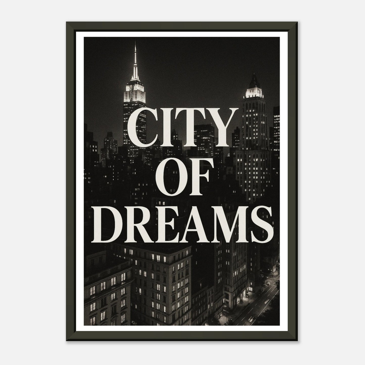 New York City of Dreams vintage style poster in black metal frame with skyscraper skyline and monochrome design