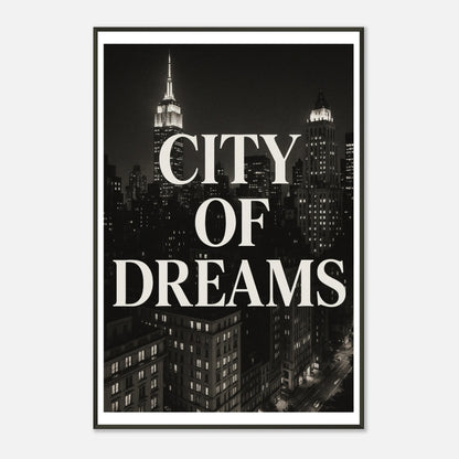 Retro City of Dreams NYC wall art in black metal frame showing iconic skyline and bold typography in black and white