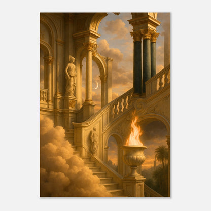 Classical poster print – arches, statues and golden stairway wall art with surreal clouds