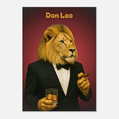 Side view of Don Leo lion poster – elegant lion in black tuxedo with glass in hand by DEFA