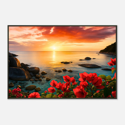 Detailaufnahme des Coastal Glow Posters – intensive Rottöne der Blüten vor goldenem Sonnenuntergang, perfekte Farbtiefe und hochwertige Druckqualität.