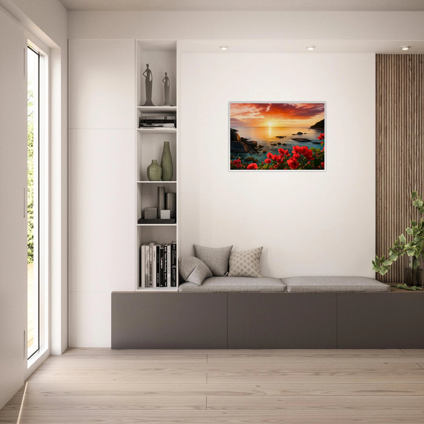 Coastal Glow Poster Sonnenuntergang – traumhafte Küstenszene mit Blumen als Wanddekoration im Wohnzimmer