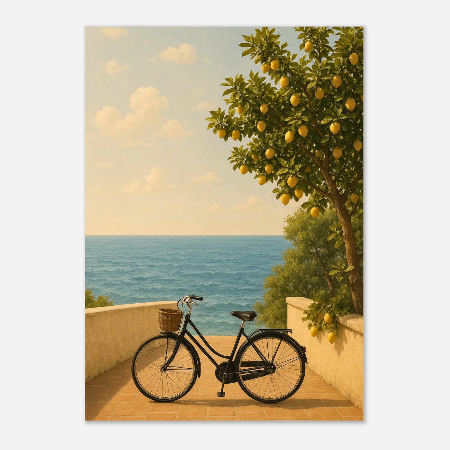 Coastal wall art poster – lemon tree and ocean scene with bicycle, Mediterranean decor