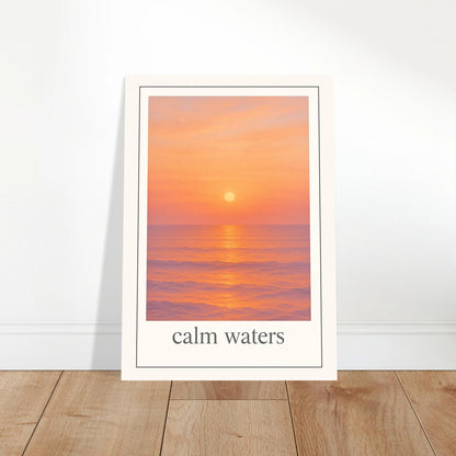 „Ocean sunset art print standing on wooden floor – minimalist Calm Waters poster for relaxed home style“