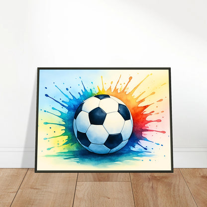„Colorful Kick“ Fußballposter an die Wand gelehnt – lebendige Sportkunst für Wohn- oder Jugendzimmer | DEFA Designs