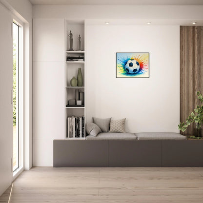 „Colorful Kick“ Poster im hellen Wohnzimmer – moderne Fußballkunst mit farbenfroher Ausstrahlung | DEFA Designs