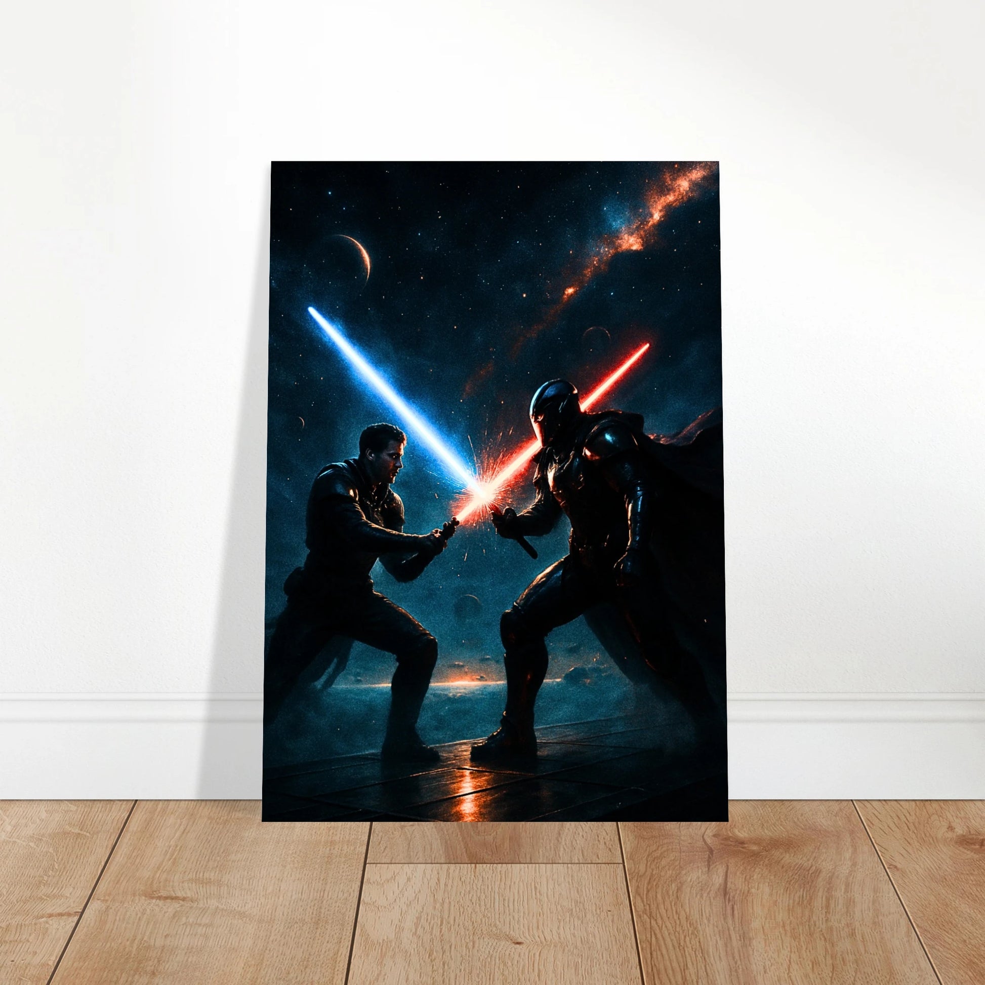 Cosmic Battle Poster – zwei Kämpfer mit blauen und roten Lichtschwertern, dekoratives Sci-Fi Wandbild
