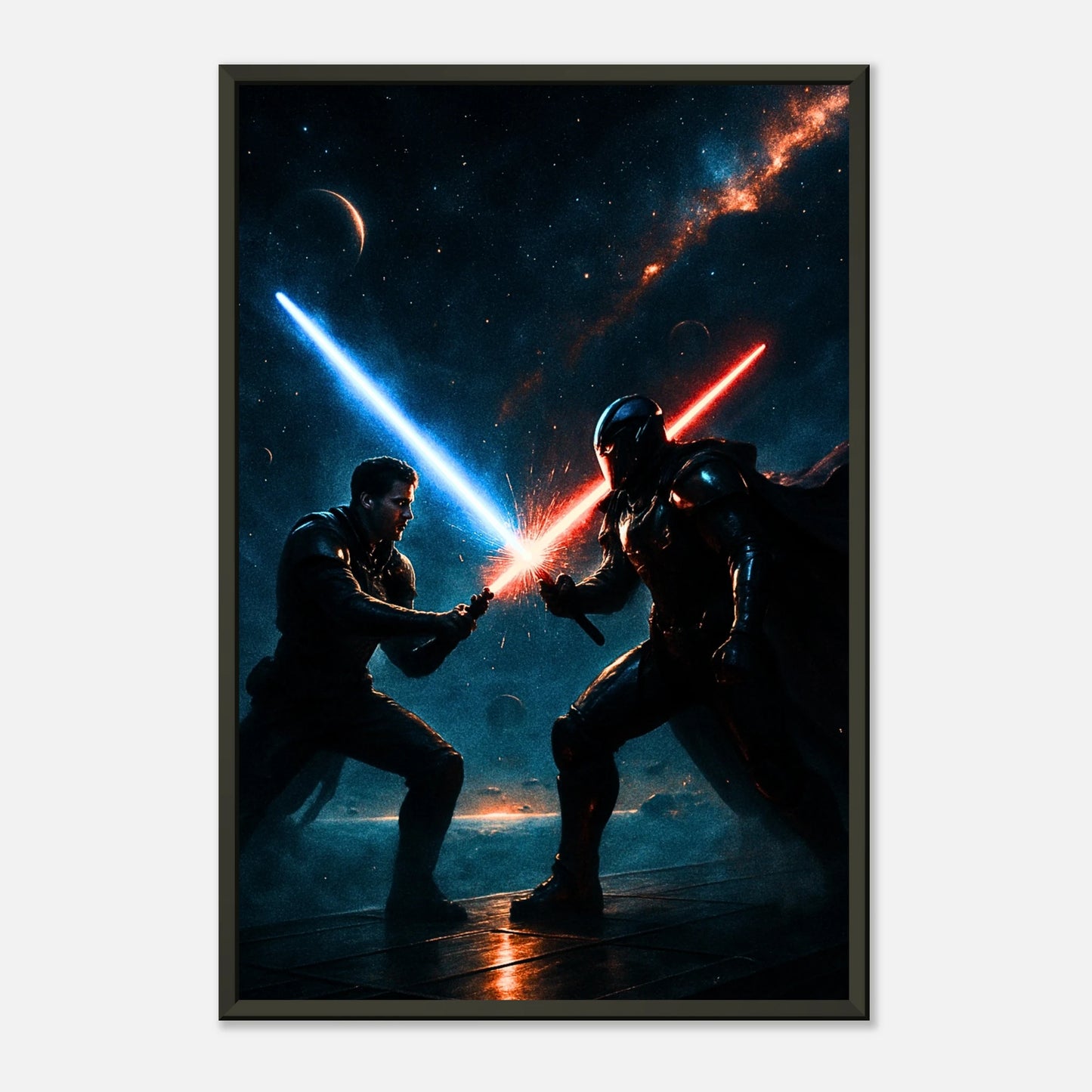 Cosmic Warriors galaktischer Kampf als Wandbild mit schwarzem Metallrahmen, zwei Krieger mit leuchtenden Energieklingen