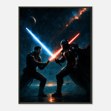 Cosmic Warriors Sci-Fi Duell Wandbild mit schwarzem Metallrahmen, epischer Kampf zwischen Licht und Dunkelheit im Weltraum