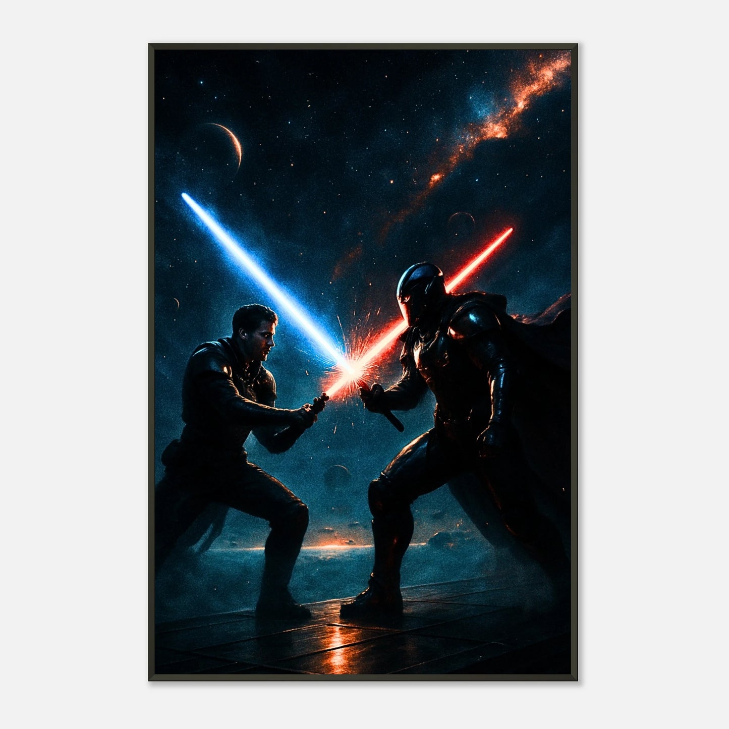 Cosmic Warriors Sci-Fi Wandkunst frontal dargestellt, actiongeladenes Weltraum Motiv im schwarzen Metallrahmen