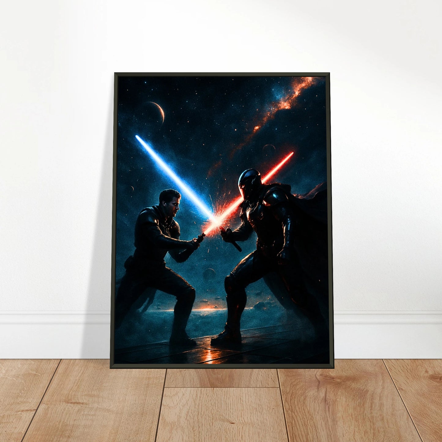 Cosmic Warriors Wandbild in hellem modernen Wohnraum, galaktische Sci-Fi Kunst im schwarzen Metallrahmen