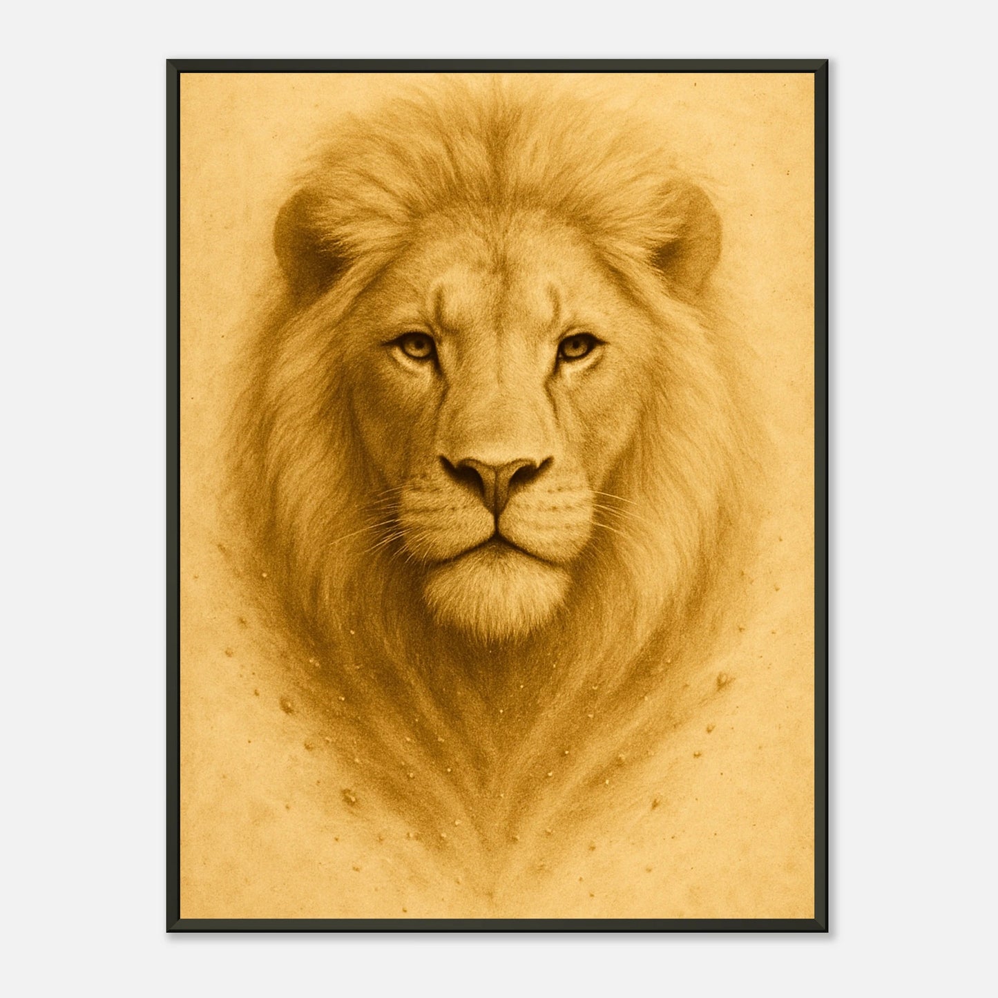 Crown of Calm Poster – majestätisches Löwenporträt in goldenen Farbtönen im schwarzen Metallrahmen. Edle Tierkunst von Defa Designs.
