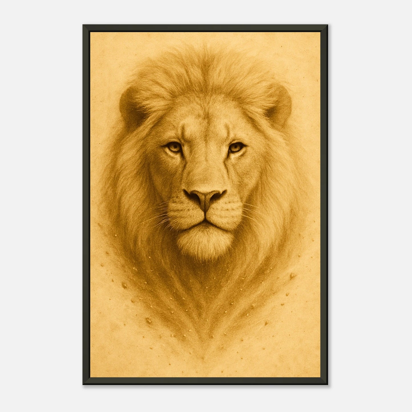 Seitenansicht des Crown of Calm Posters – imposanter Löwe mit ruhigem Blick, umrahmt von elegantem schwarzem Metallrahmen.