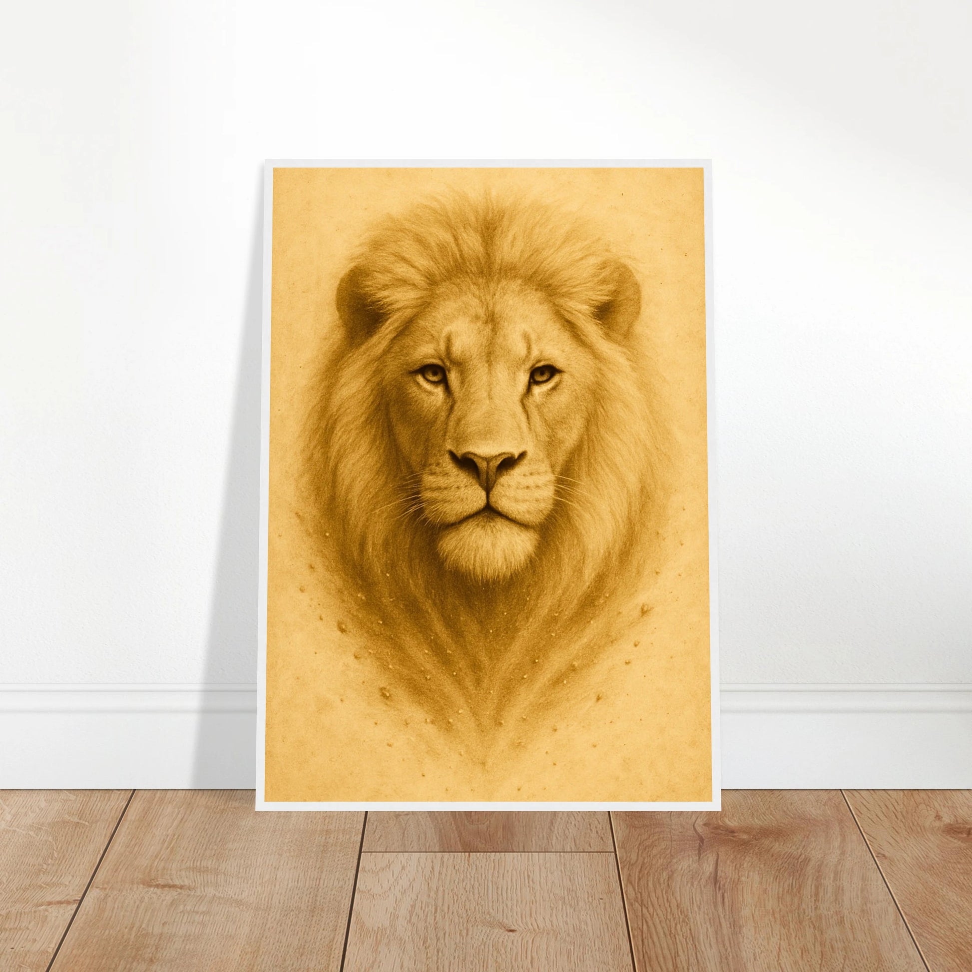 Crown of Calm Poster mit Löwenporträt – rahmenlos an die Wand gelehnt, minimalistische Tierkunst.