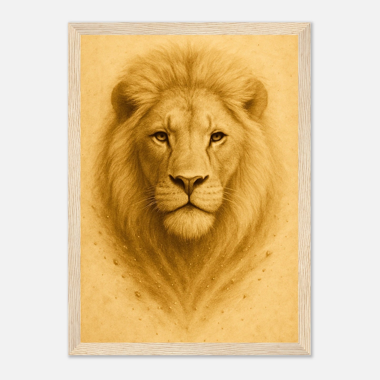 Crown of Calm Poster mit hellbraunem Holzrahmen – starkes und ruhiges Löwenbild als luxuriöse Wandkunst.