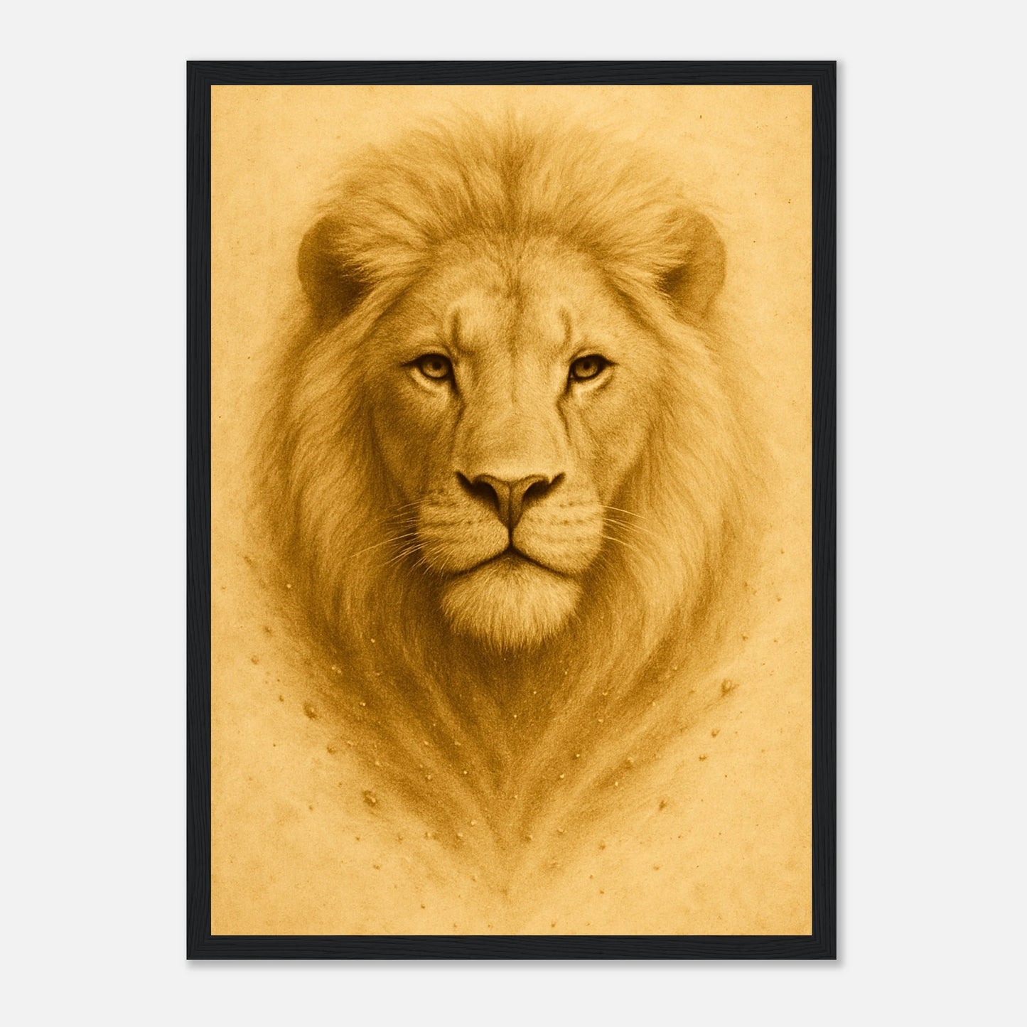 Crown of Calm Poster mit schwarzem Holzrahmen – elegantes Porträt eines Löwen als modernes Wandbild.