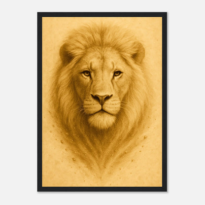 Crown of Calm Poster mit schwarzem Holzrahmen – elegantes Porträt eines Löwen als modernes Wandbild.