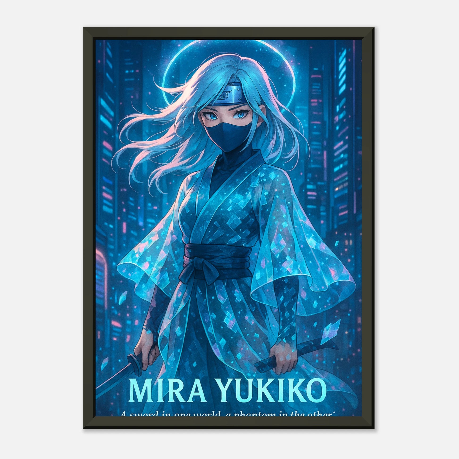 Cyber Samurai Kriegerin – Mira Yukiko Anime Wandbild im schwarzen Metallrahmen – leuchtende futuristische Wandkunst