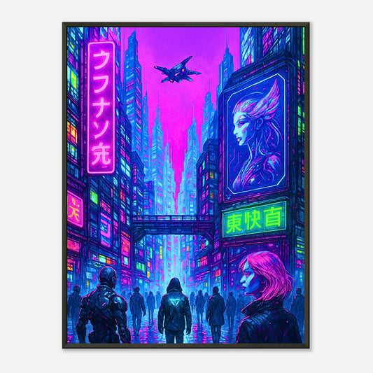 Cyber Reign Cyberpunk Stadt Wandbild mit schwarzem Metallrahmen, neonbeleuchtete futuristische Metropole mit digitalen Lichtern