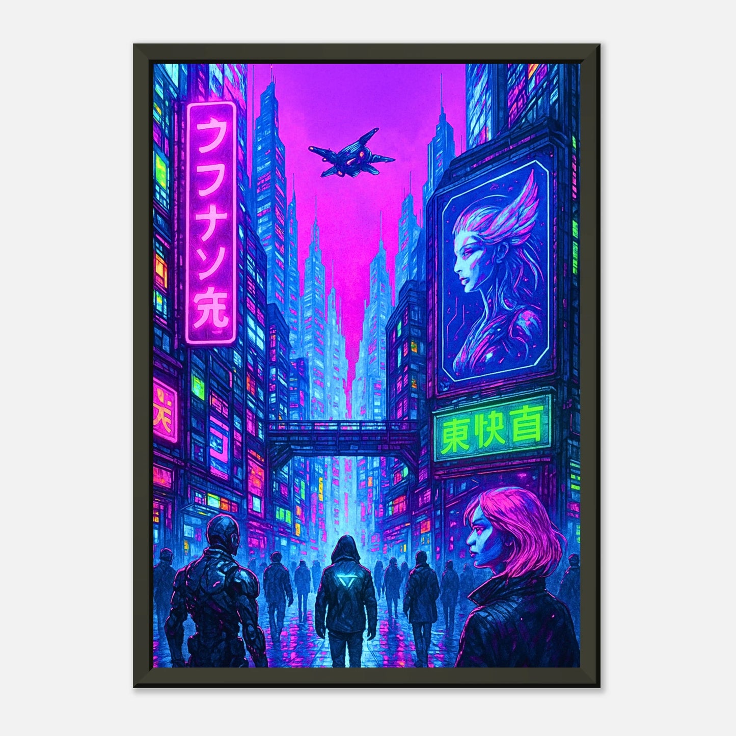Cyber Reign Neon City Kunst als Wandbild mit schwarzem Metallrahmen, futuristische Großstadt mit leuchtenden Werbetafeln
