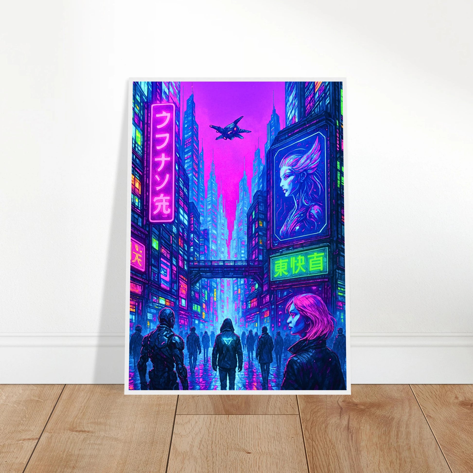 Cyber Reign Poster an die Wand gelehnt – futuristische Stadt im Neonlicht mit schwebenden Autos und Hologrammen, perfekte moderne Wanddekoration.