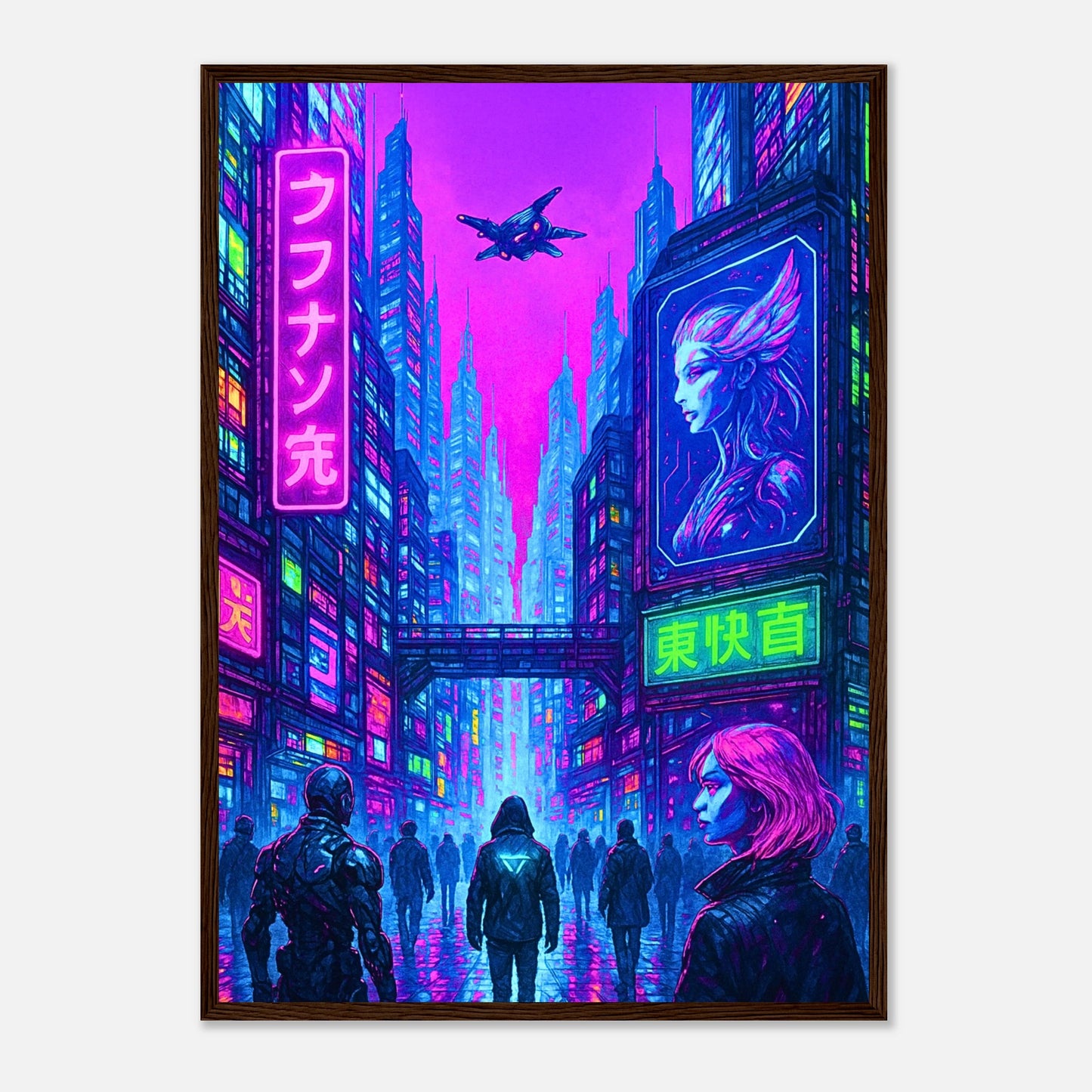 Cyber Reign Poster im dunkelbraunen Holzrahmen – Cyberpunk Kunstwerk mit vibrierender Neonenergie, Regenlichtern und urbanem Flair. Premium Sci-Fi Wandbild von Defa Designs.
