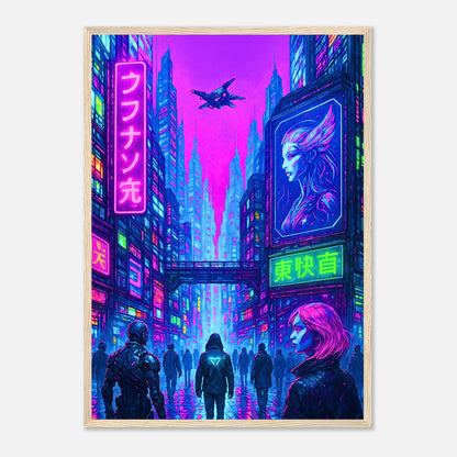 Cyber Reign Poster im hellbraunen Holzrahmen – intensive Neonfarben in einer futuristischen Skyline mit Regen, Drohnen und Hologrammen. Stylische Wanddekoration für Technikliebhaber.