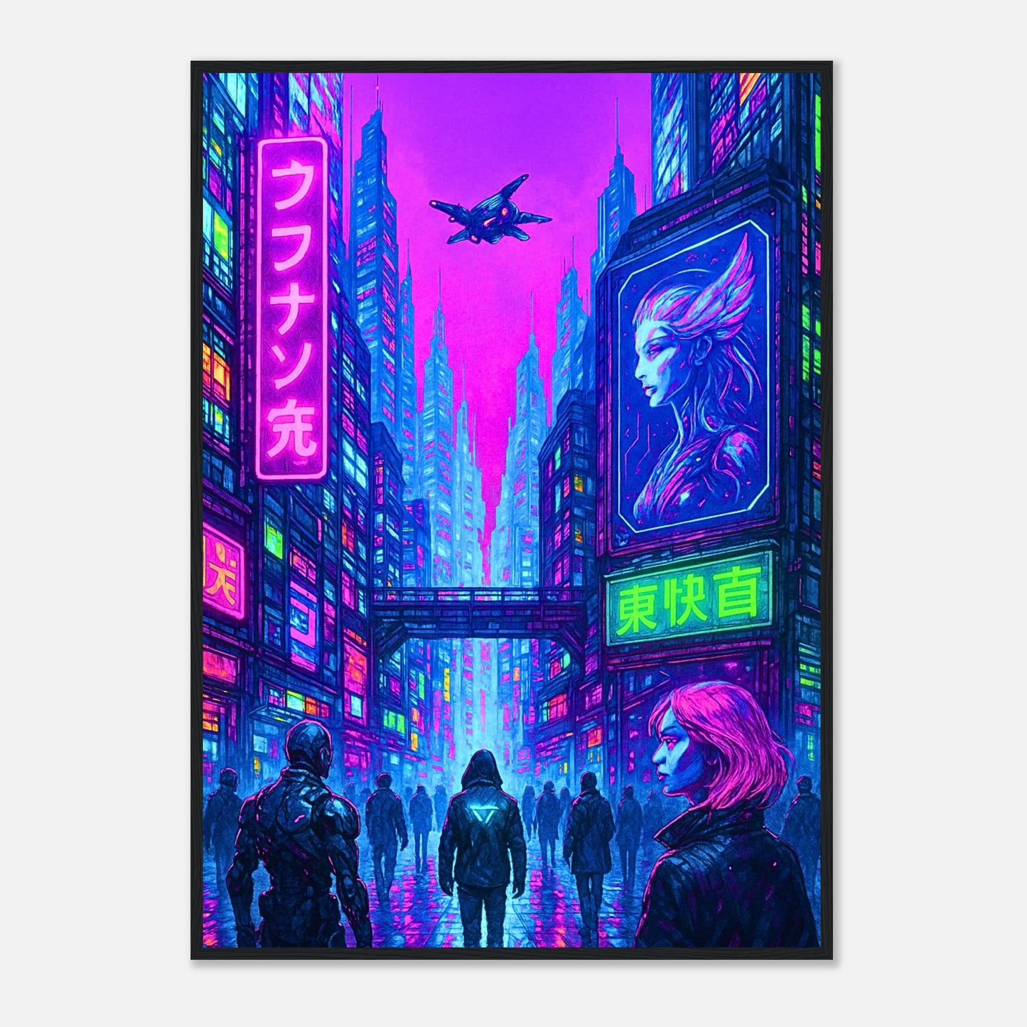 Cyber Reign Poster im schwarzen Rahmen – leuchtende futuristische Stadt mit Neonlichtern, fliegenden Drohnen und Cyberpunk-Atmosphäre. Moderne Sci-Fi Wandkunst von Defa Designs.